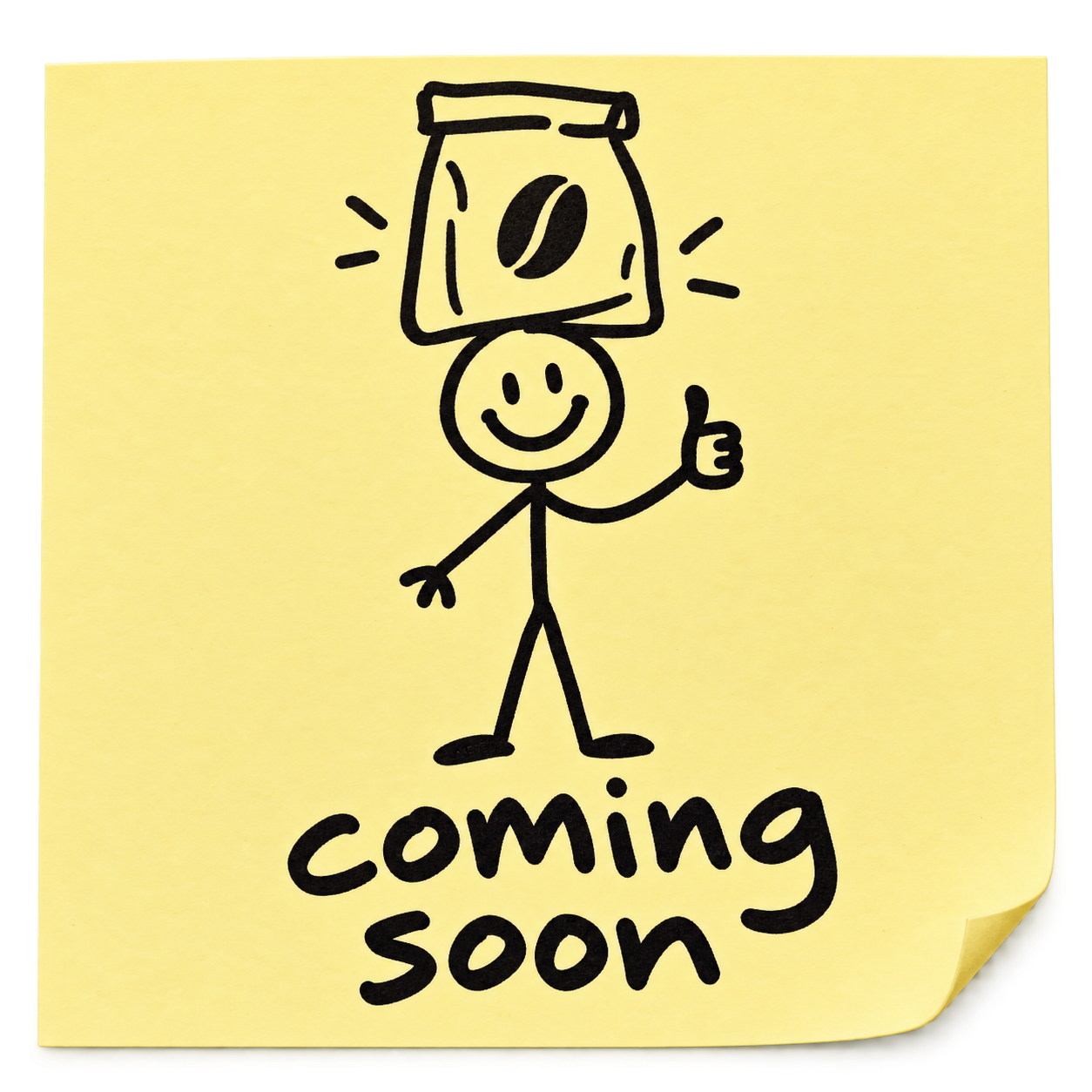 A stick man balancing a coffee bag on his head; coming soon.